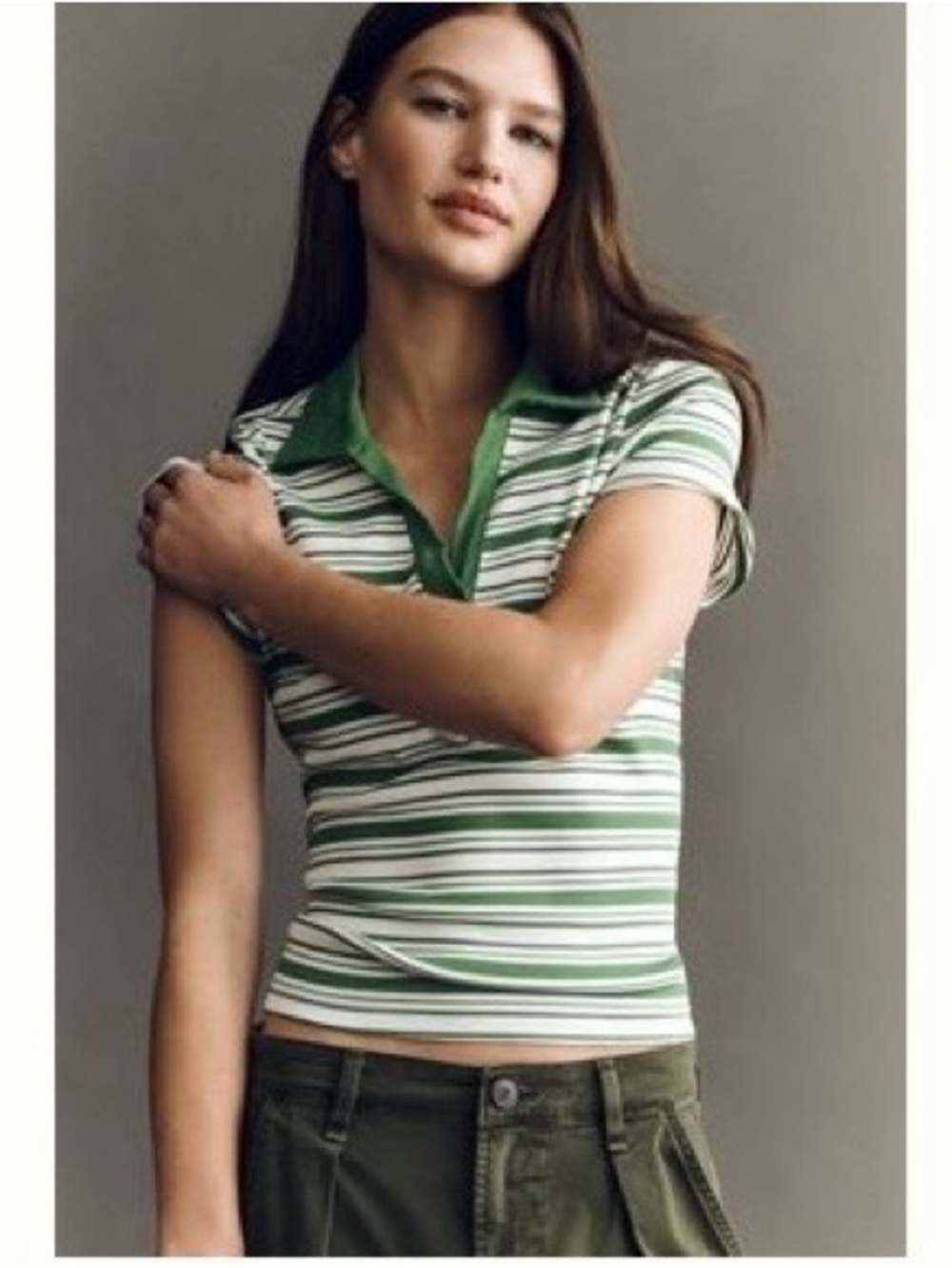 Maeve Green & White Striped Polo Tee